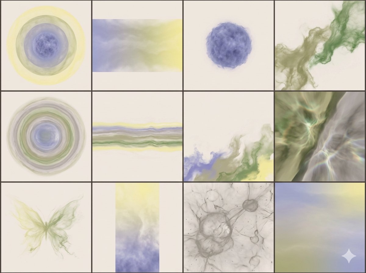 Visual vocabulary of Pneuma Circularis — spheres, clouds, butterfly, atmospheric layers