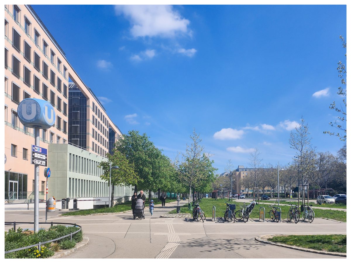 Lassallestraße office strip and U-Bahn station, 2026